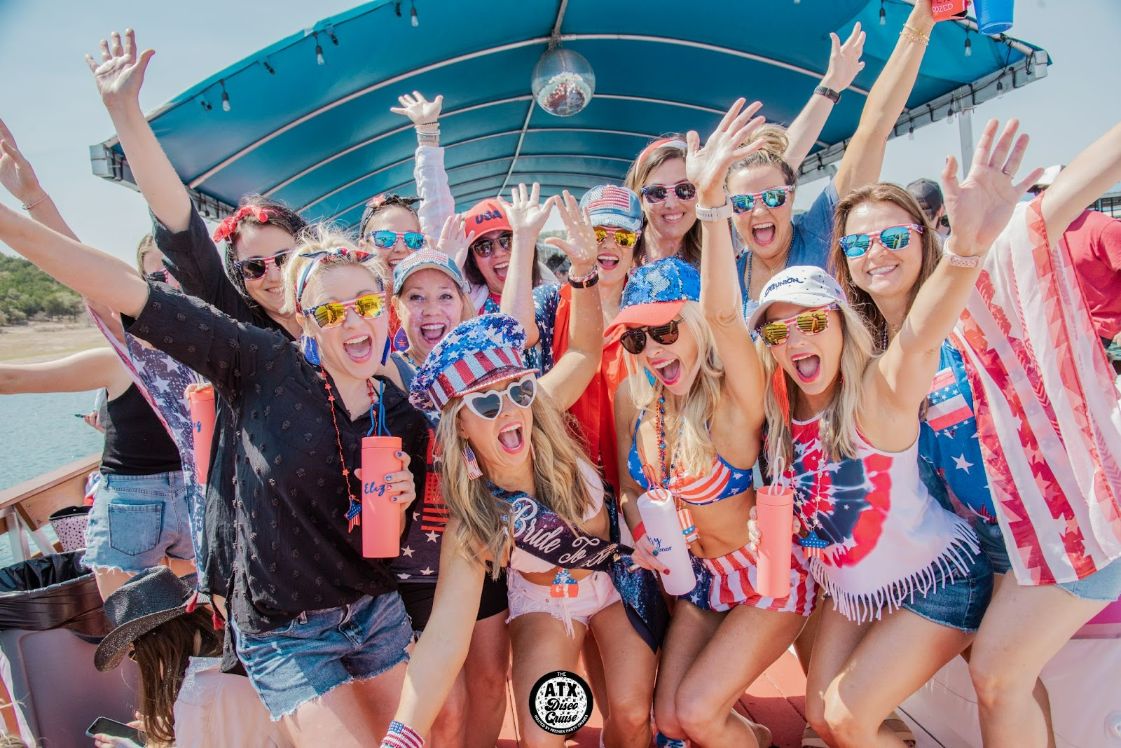 Matching outfits for Bride and the bride squad at a bachelorette party in Austin by Premier Party Cruises